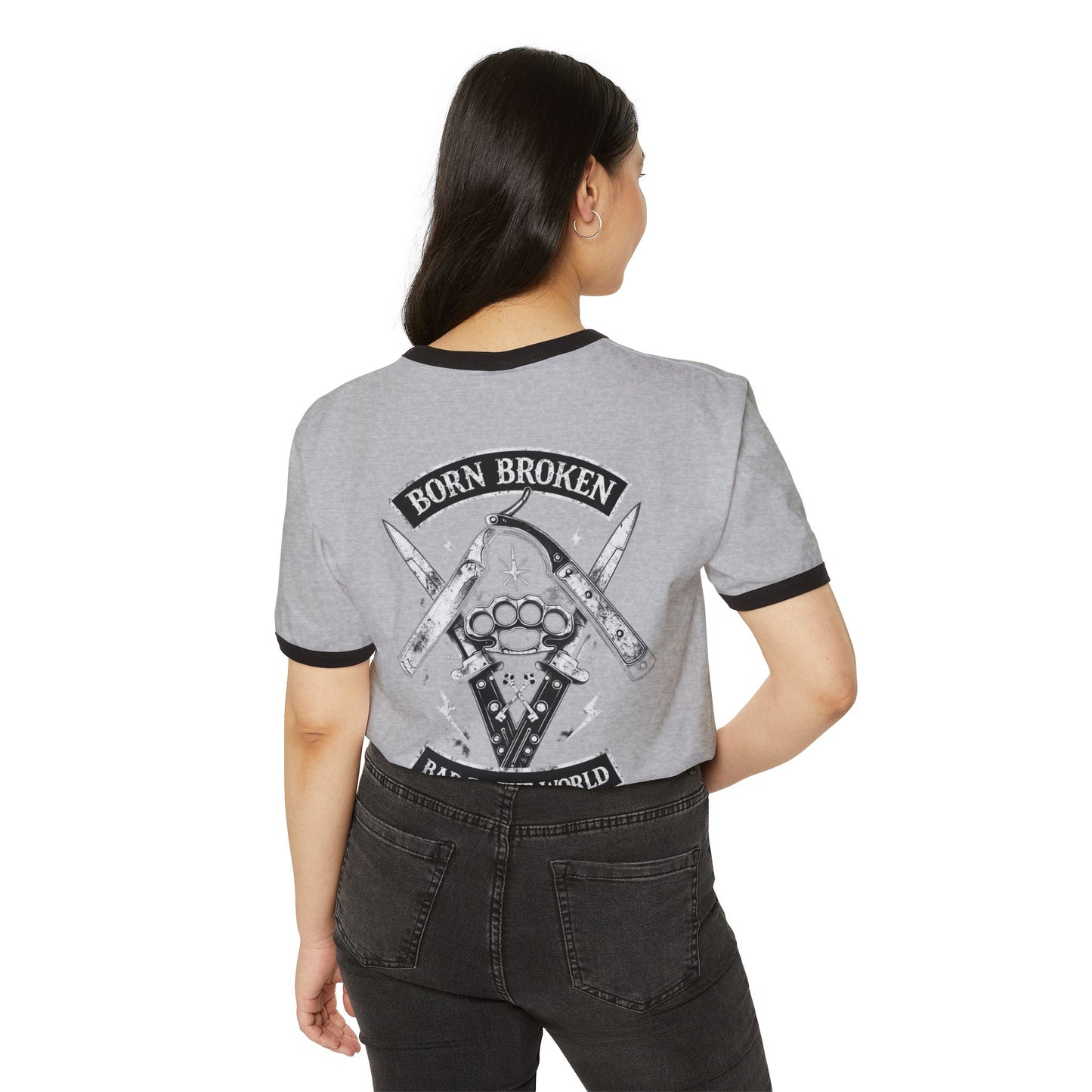 Ringer T-Shirt — "Born Broken, Bad to the World" Skull & Knuckle Knife Graphic