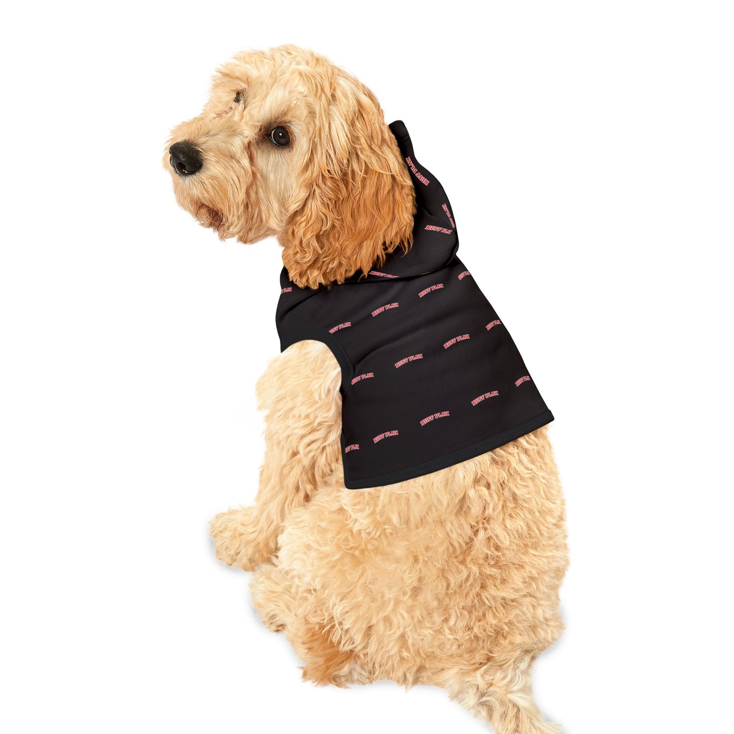 "Happy Place" Black Pet Hoodie — Cozy Small Dog & Cat Hoodie with Pink Repeat Text