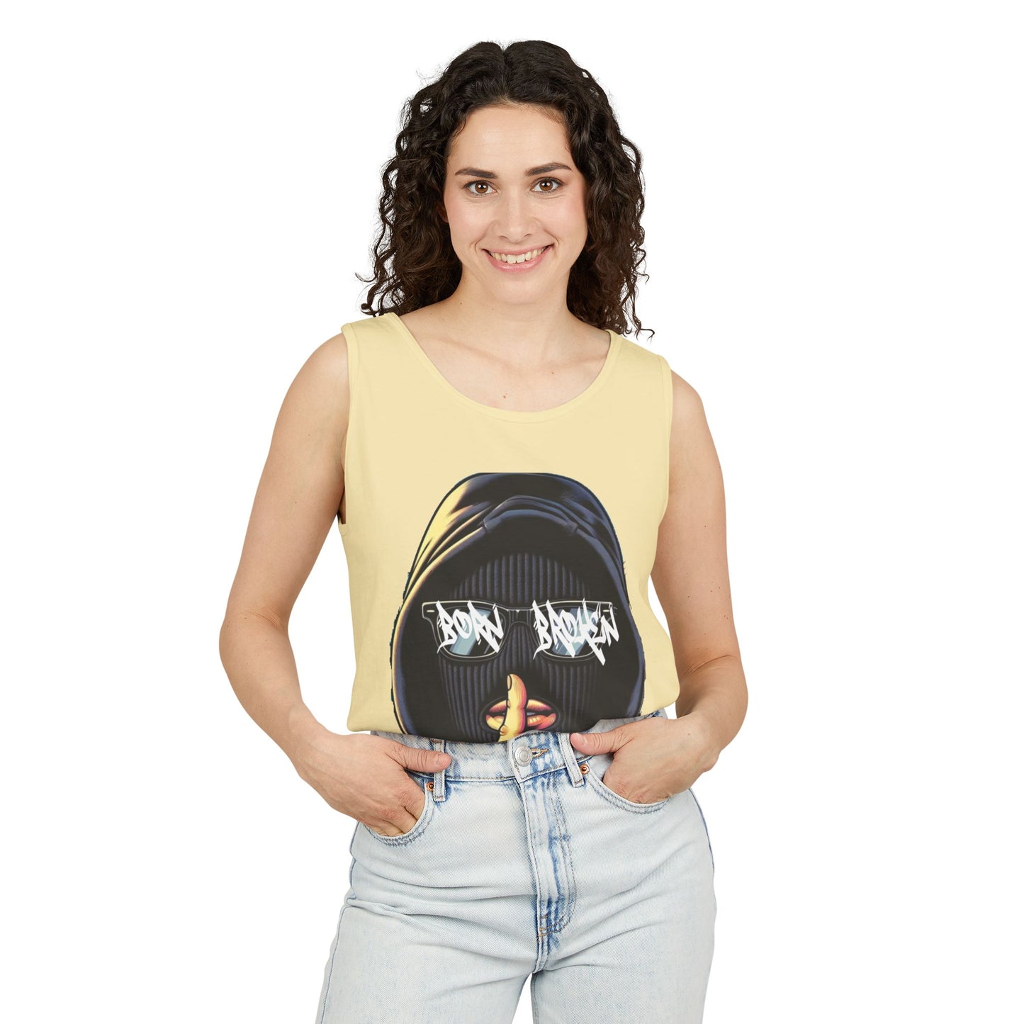 Tank Top — 'Born Broken' Hooded Mask Graphic Sleeveless Tee