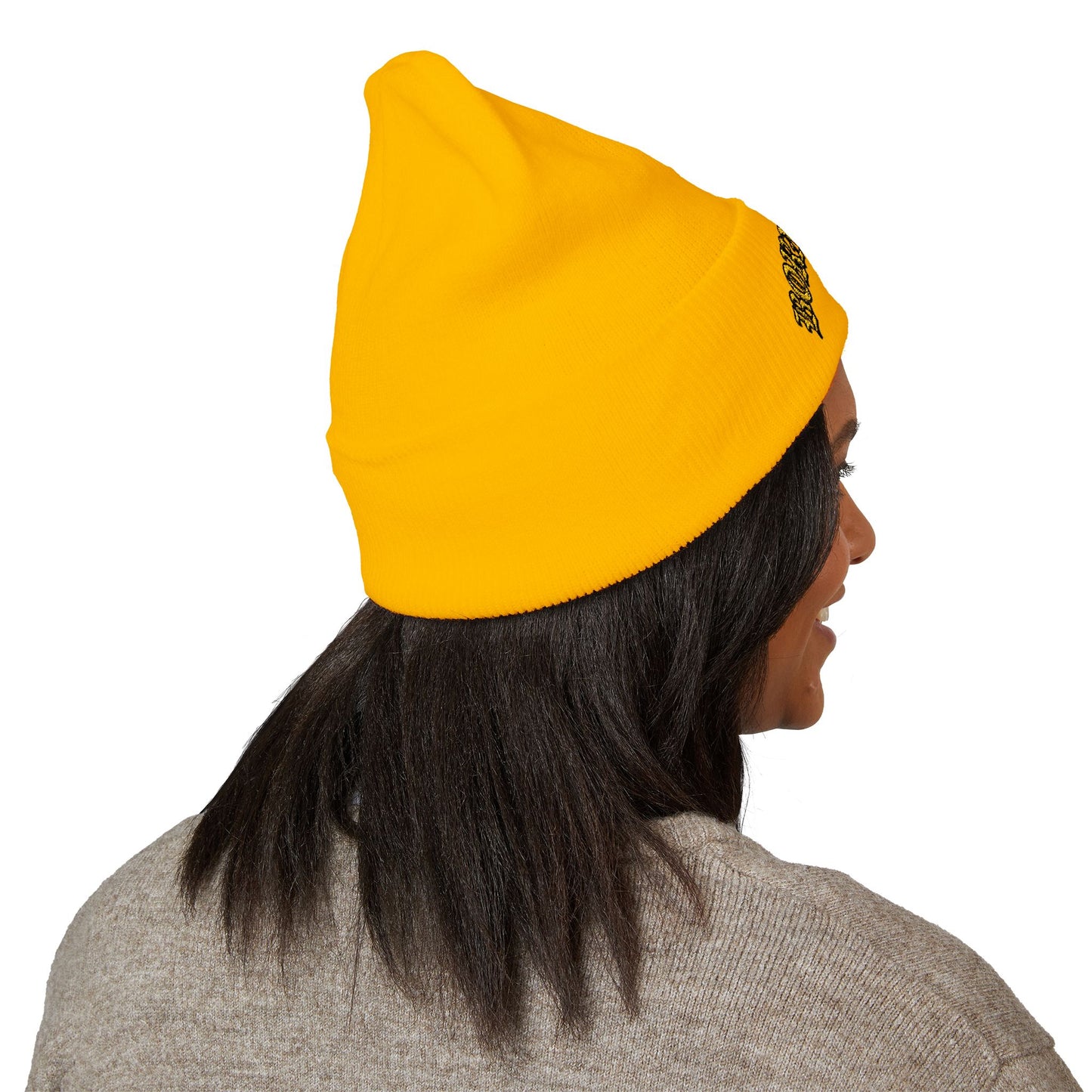 Embroidered "Rocky Biotchy" Classic Cuffed Beanie – Warm Yellow Knit Hat