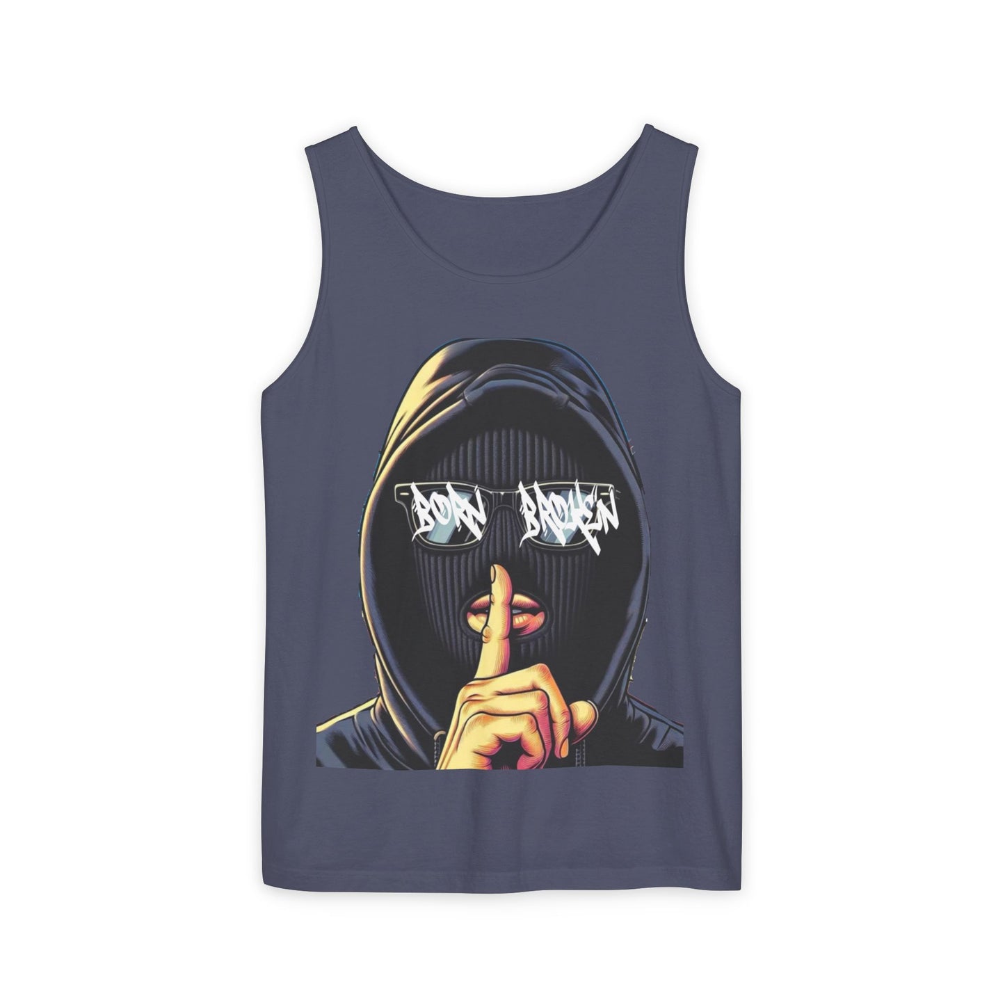 Tank Top — 'Born Broken' Hooded Mask Graphic Sleeveless Tee