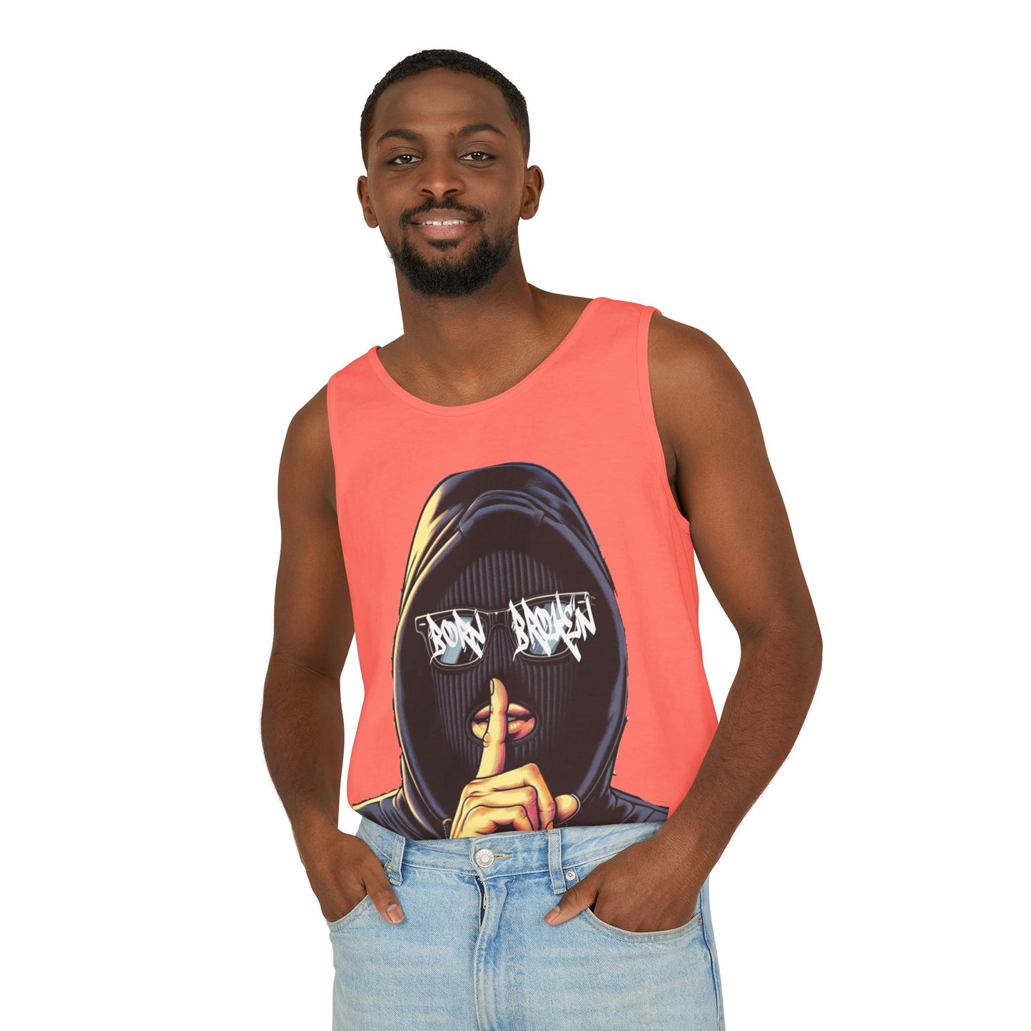 Tank Top — 'Born Broken' Hooded Mask Graphic Sleeveless Tee