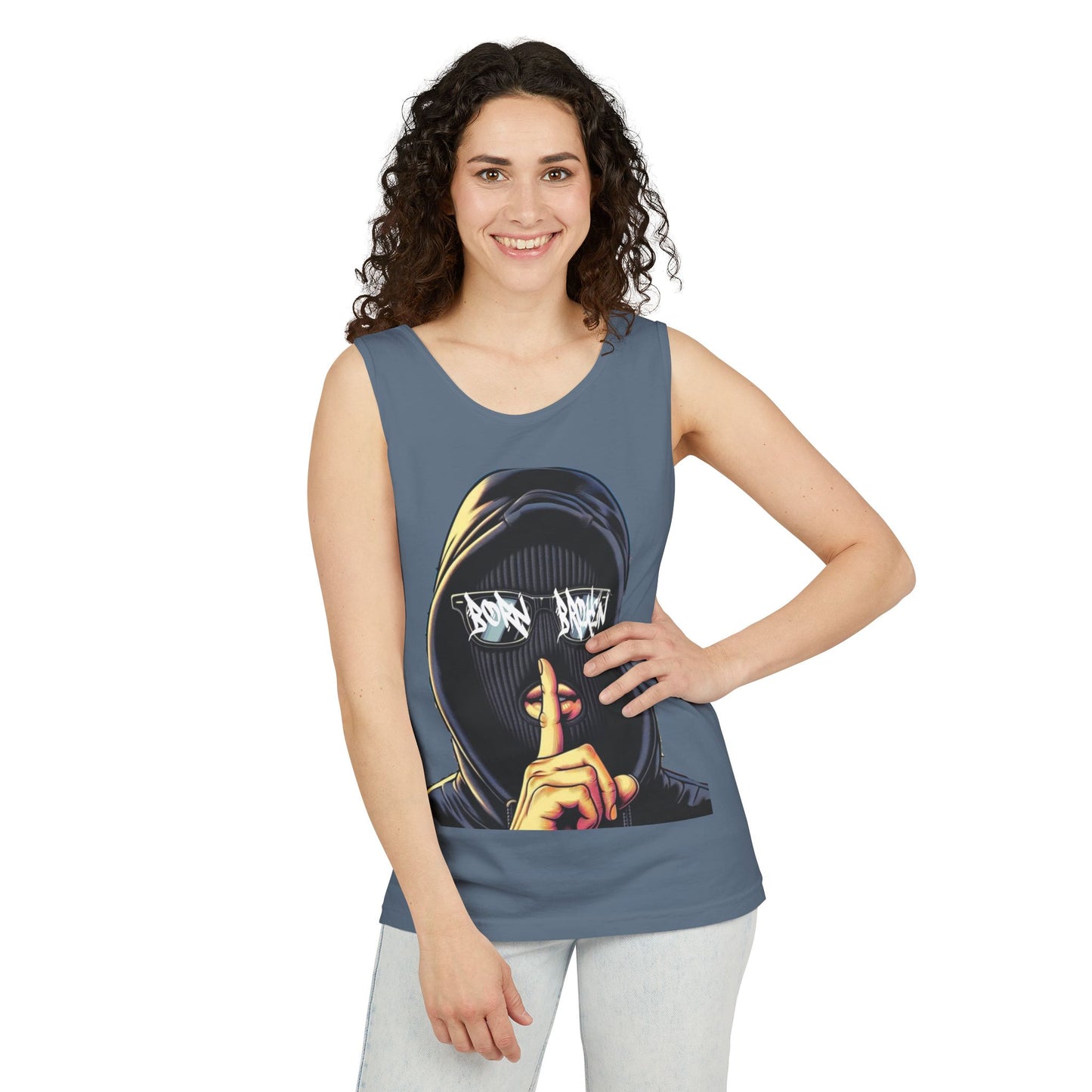 Tank Top — 'Born Broken' Hooded Mask Graphic Sleeveless Tee