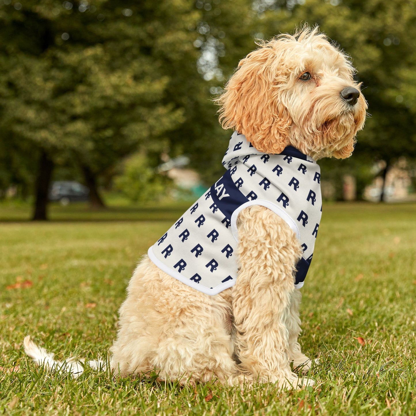 Ruff Play Monogram Pet Hoodie — Navy & White Patterned Dog Hoodie