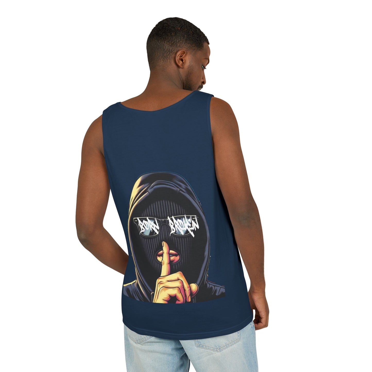 Tank Top — 'Born Broken' Hooded Mask Graphic Sleeveless Tee