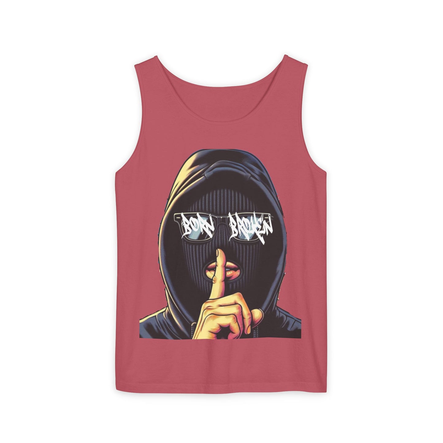 Tank Top — 'Born Broken' Hooded Mask Graphic Sleeveless Tee
