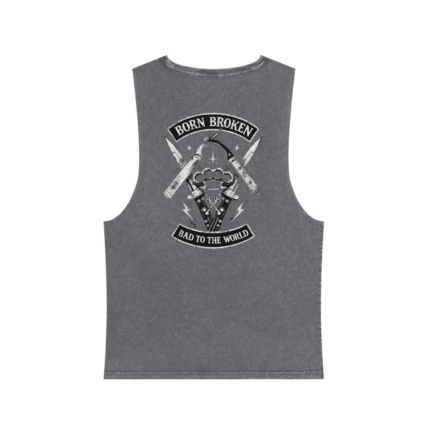 Born Broken Stonewash Tank Top — Bad to the World Graphic Muscle Tee