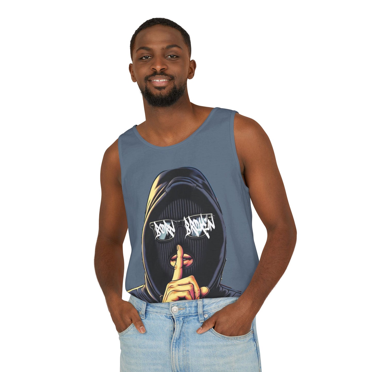 Tank Top — 'Born Broken' Hooded Mask Graphic Sleeveless Tee