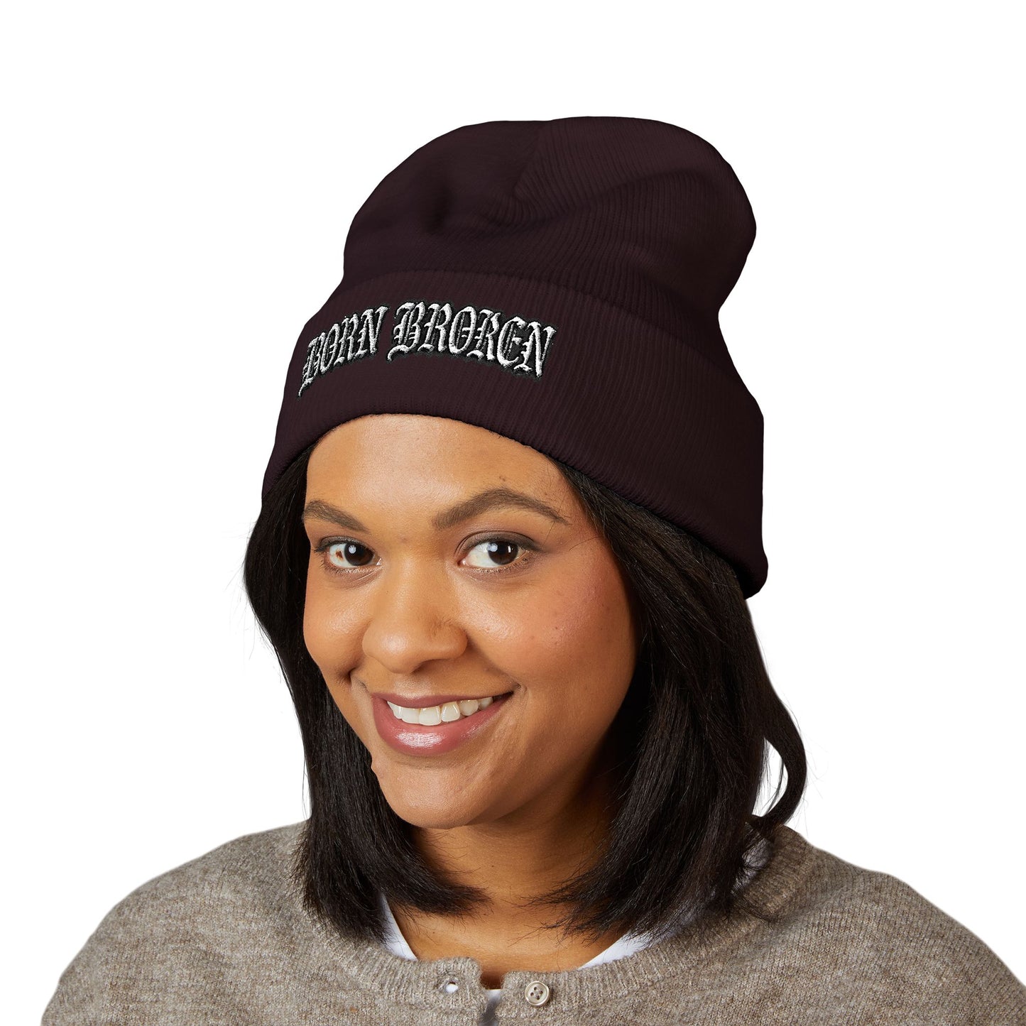 Embroidered 'Born Broken' Cuffed Beanie