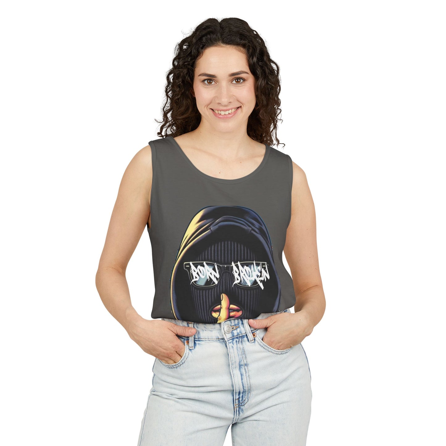 Tank Top — 'Born Broken' Hooded Mask Graphic Sleeveless Tee