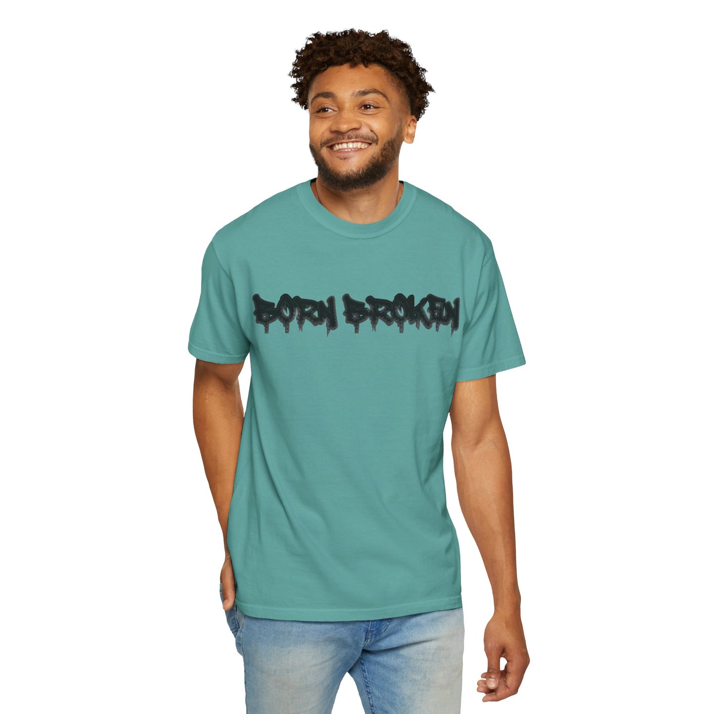 T-Shirt — 'Born Broken' Graphic Tee with Balaclava Back Quote