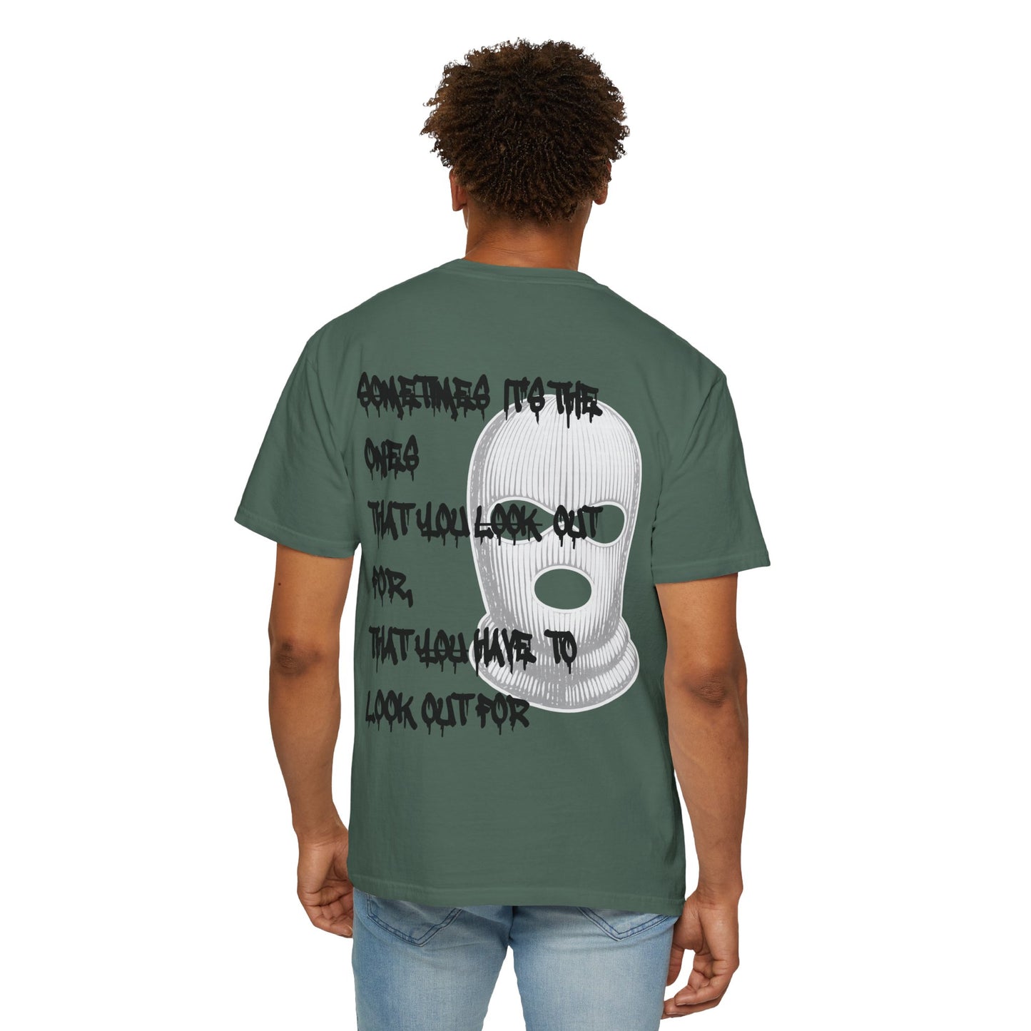 T-Shirt — 'Born Broken' Graphic Tee with Balaclava Back Quote